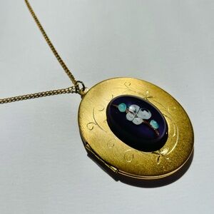 Vintage Locket With Etched Design And Glass Cherry Blossom Cabochon